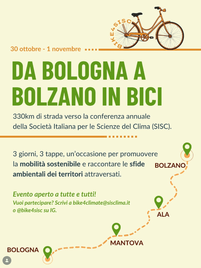 Locandina ufficiale di Bike4SISC 2026: tour in bicicletta da Bologna a Bolzano, 330 km, verso la conferenza annuale della Società Italiana per le Scienze del Clima