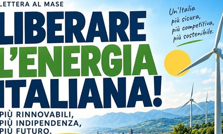 Locandina dell'appello «Liberare l'energia italiana» promosso dal gruppo Rinnovabili per l'Italia, ottobre 2026