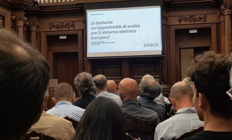 Slide di Beatrice Petrovich con il logo Ember proiettata nell'Archivio Antico di Palazzo Bo durante la serata sulle batterie e l'accumulo energetico, 8 ottobre 2026