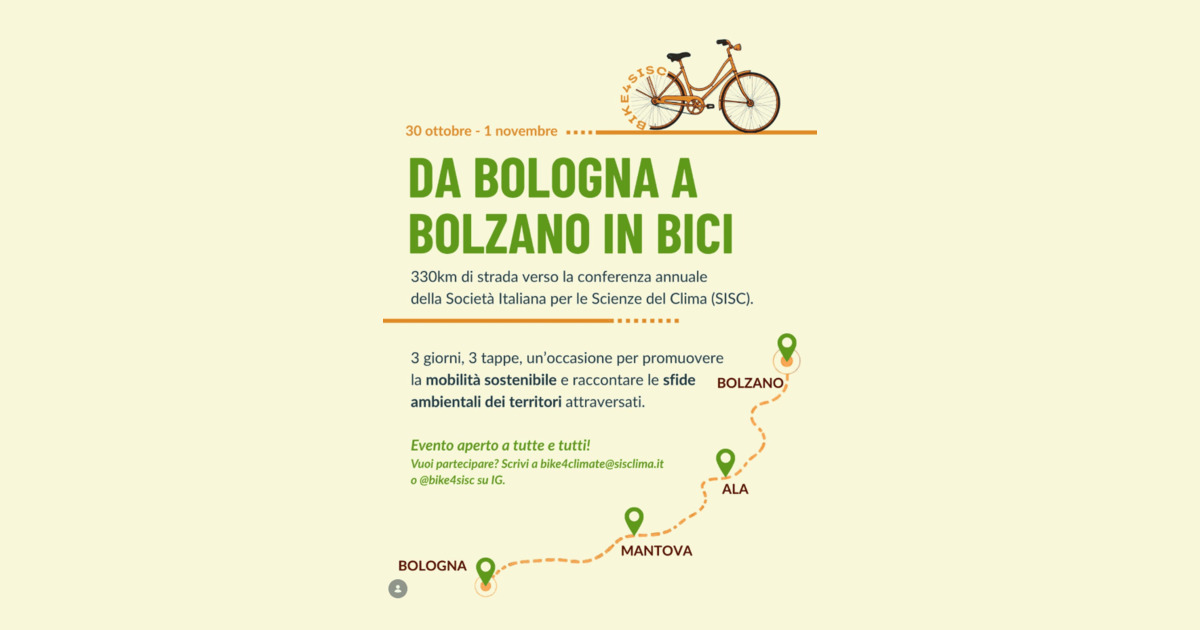 Locandina ufficiale di Bike4SISC 2026: tour in bicicletta da Bologna a Bolzano, 330 km, verso la conferenza annuale della Società Italiana per le Scienze del Clima