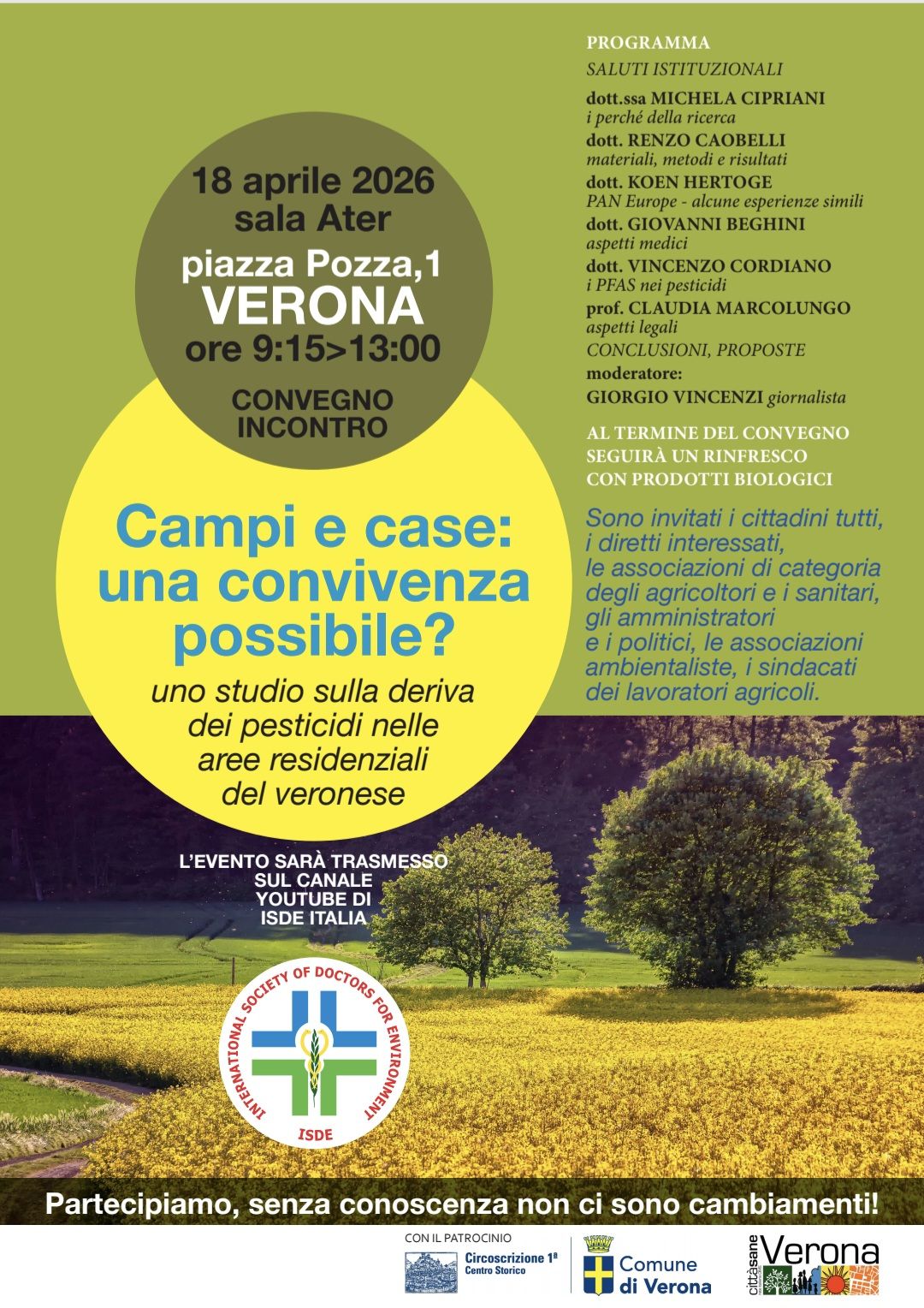 Locandina ufficiale del convegno ISDE Campi e case: una convivenza possibile, Verona, 18 aprile 2026