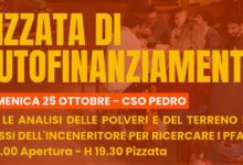 Locandina della pizzata di autofinanziamento al CSO Pedro del 25 ottobre 2026 per analisi PFAS vicino all'inceneritore di San Lazzaro
