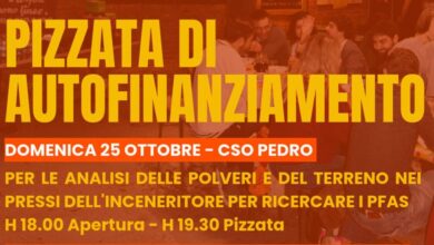 Locandina della pizzata di autofinanziamento al CSO Pedro del 25 ottobre 2026 per analisi PFAS vicino all'inceneritore di San Lazzaro