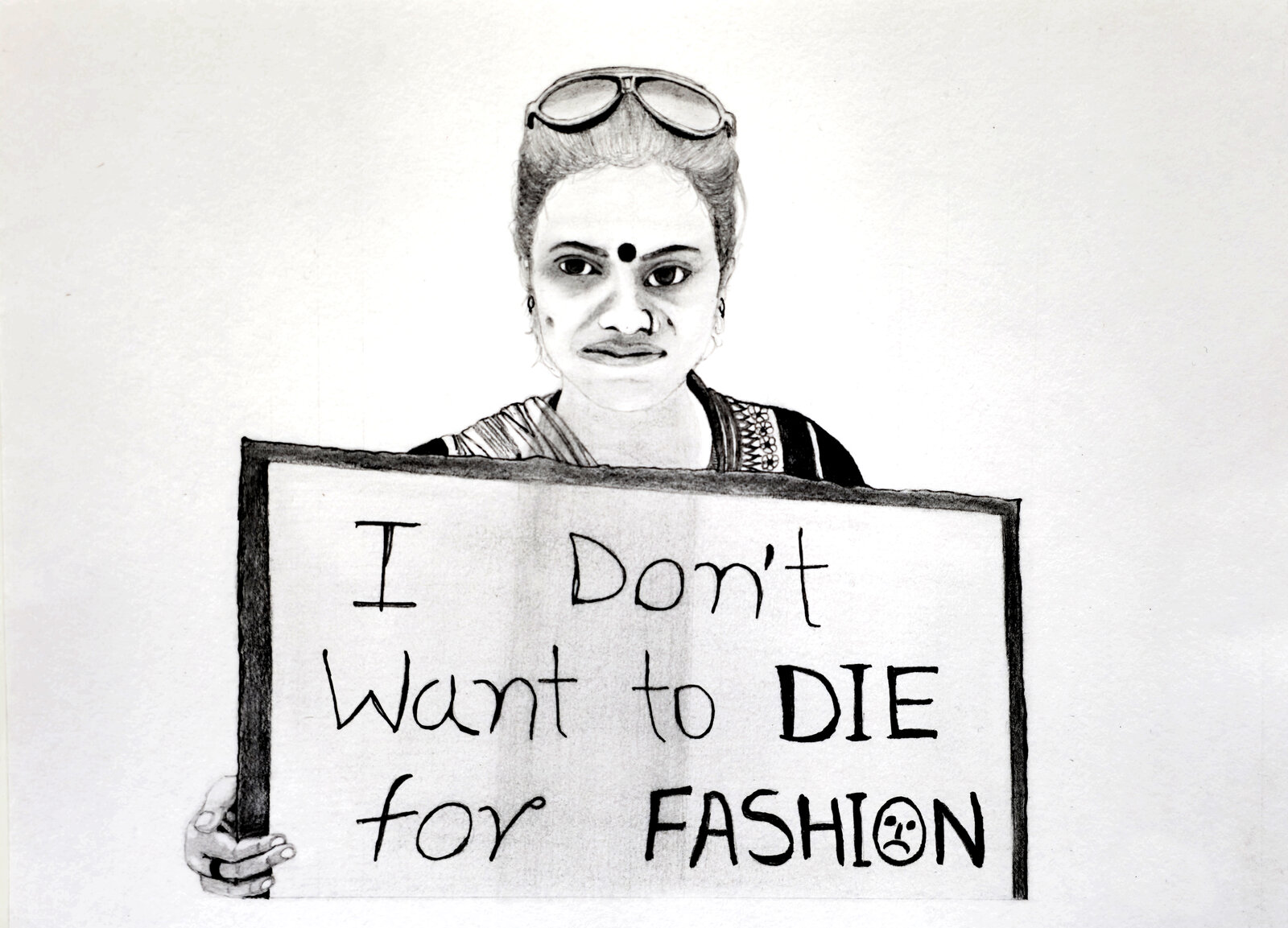 Disegno di lavoratrici tessili in protesta contro le condizioni di lavoro nelle fabbriche del Bangladesh, riferimento al disastro del Rana Plaza