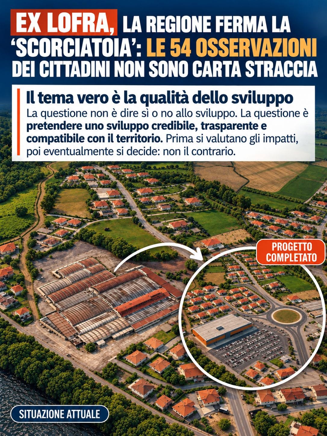 Grafica dei Comitati spontanei Teolo ed ex Cima: a sinistra l'area ex Lofra nello stato attuale, a destra la rappresentazione del progetto di riqualificazione