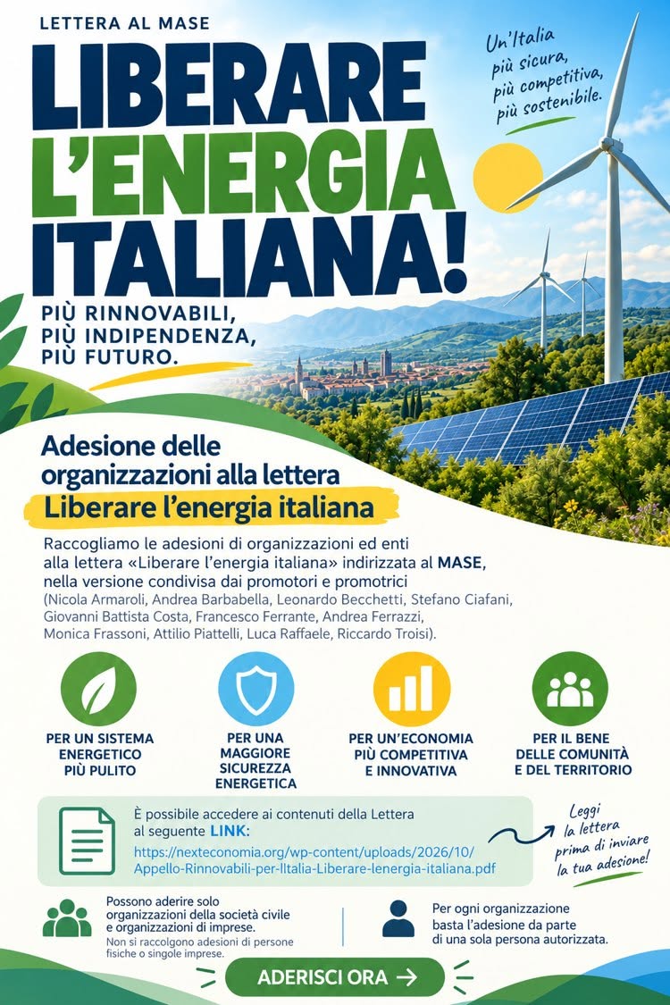 Locandina dell'appello «Liberare l'energia italiana» promosso dal gruppo Rinnovabili per l'Italia, ottobre 2026