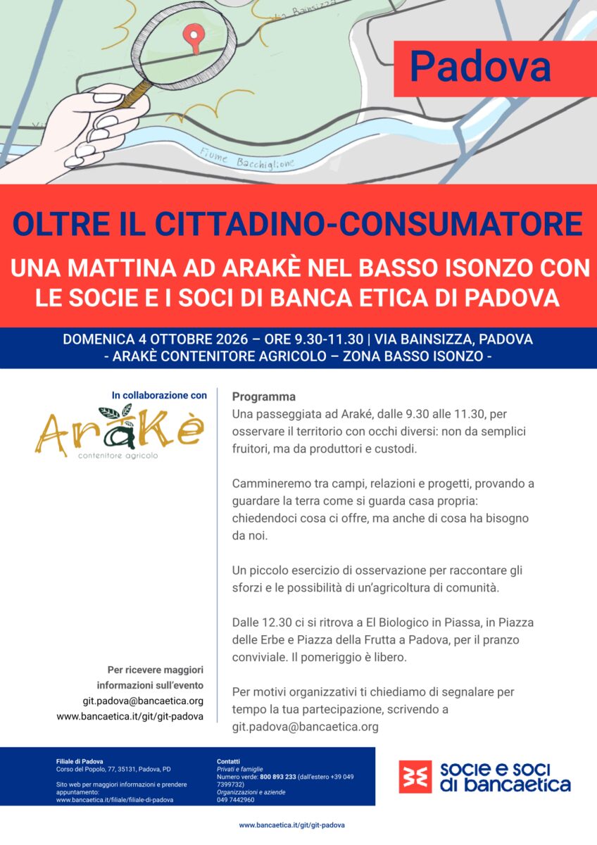 Locandina ufficiale dell'iniziativa Oltre il cittadino-consumatore, domenica 4 ottobre 2026 ad Arakè nel Basso Isonzo a Padova