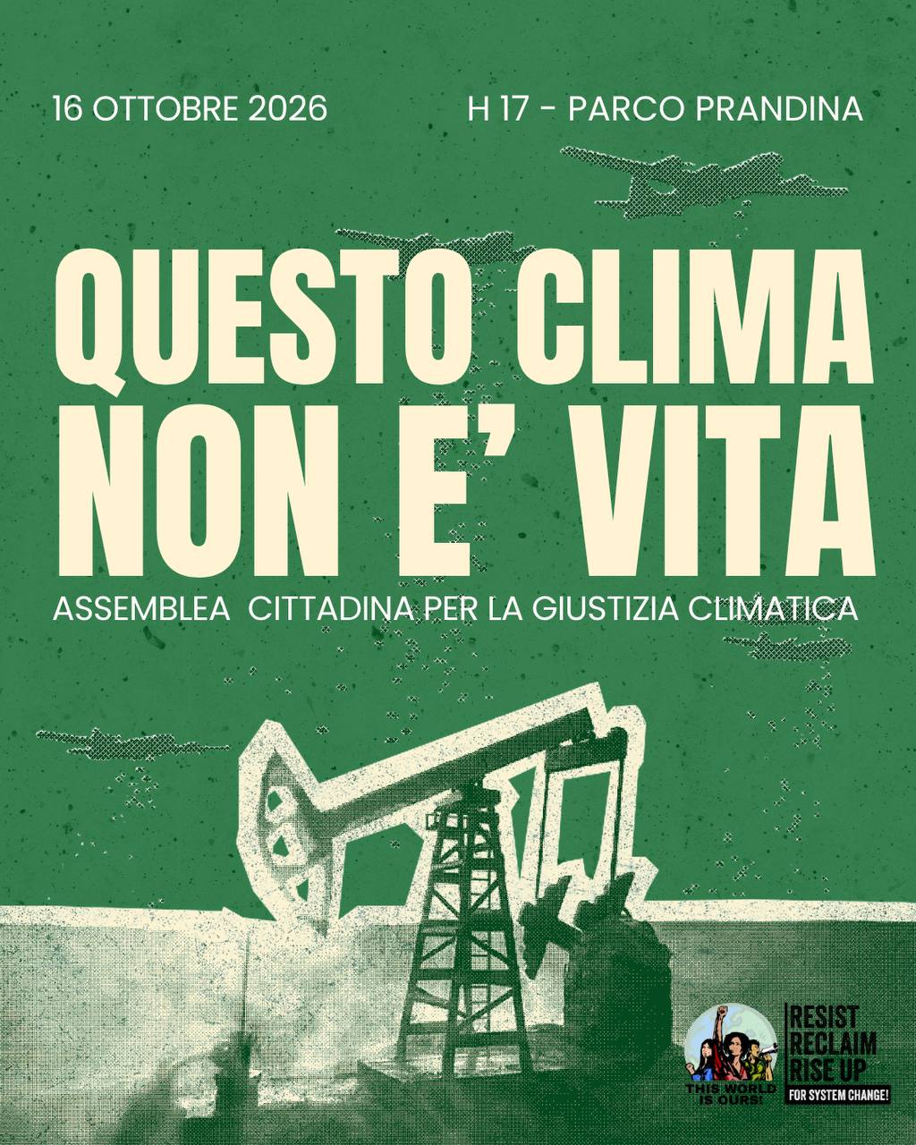 Locandina dell'assemblea cittadina «Questo clima non è vita», 16 ottobre 2026, Parco Prandina, Padova