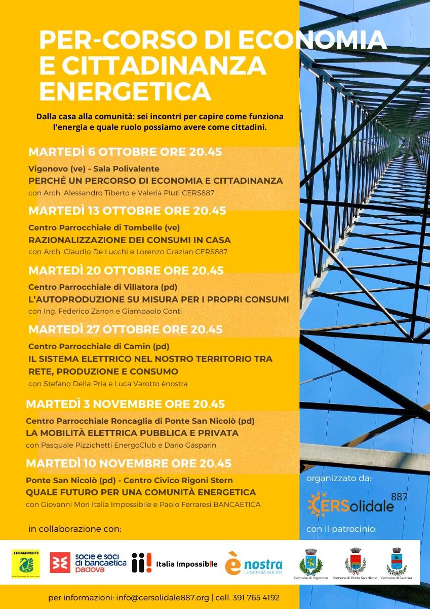 Locandina verticale del Per-corso di economia e cittadinanza energetica, con calendario delle sei serate e loghi dei collaboratori