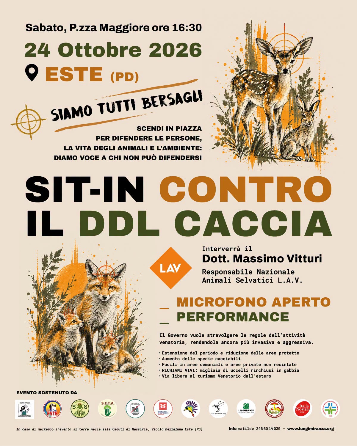 Locandina del sit-in Siamo tutti bersagli del 24 ottobre 2026 a Este contro il DDL Caccia 1552