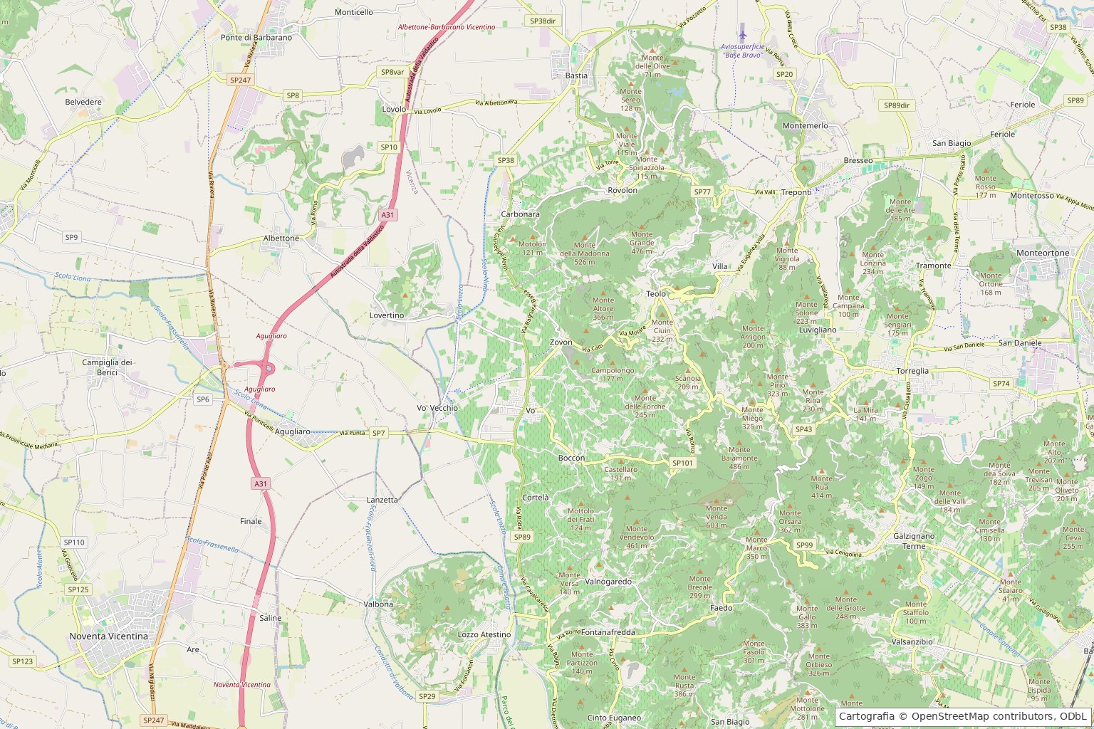 Territorio fra Lozzo Atestino e Baone in cartografia OpenStreetMap