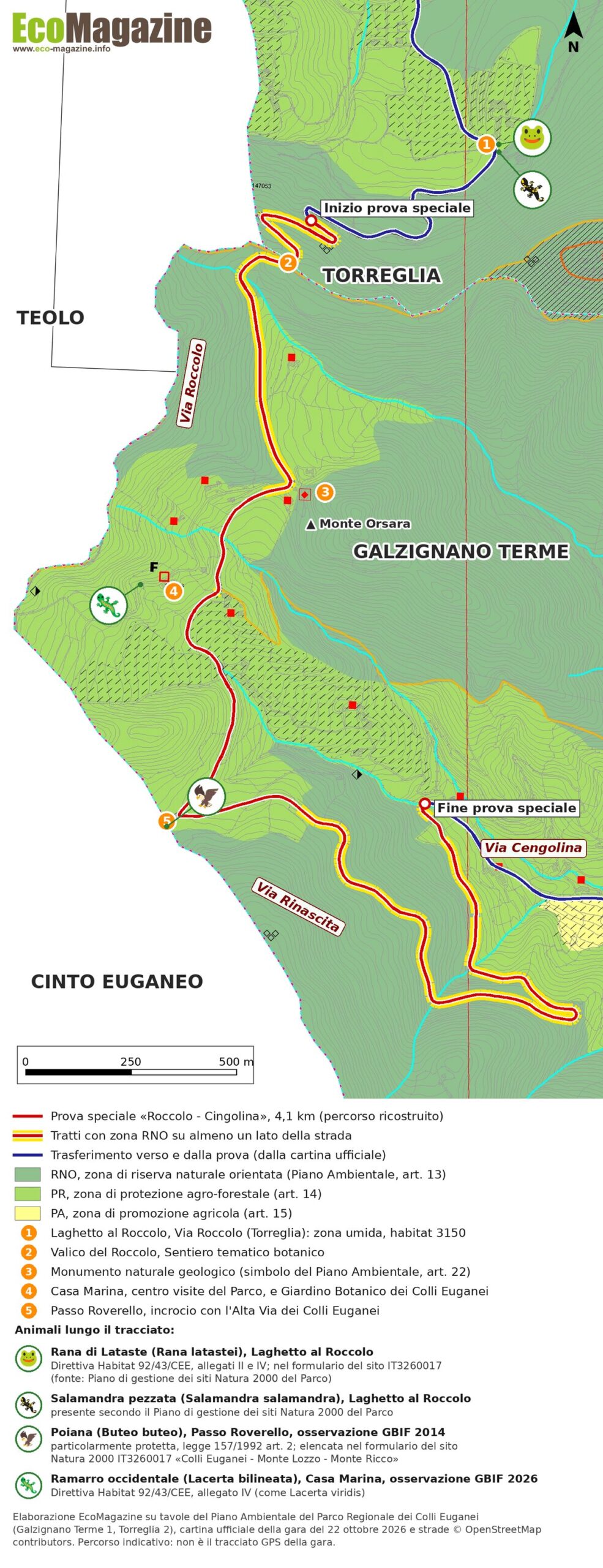 La prova speciale «Roccolo - Cingolina» ricostruita sulla zonizzazione del Piano Ambientale del Parco Regionale dei Colli Euganei, con i punti di interesse e gli animali segnalati lungo il tracciato. Elaborazione EcoMagazine su tavole del Parco, cartina ufficiale della gara, OpenStreetMap e GBIF: percorso indicativo, non è il tracciato GPS della gara.