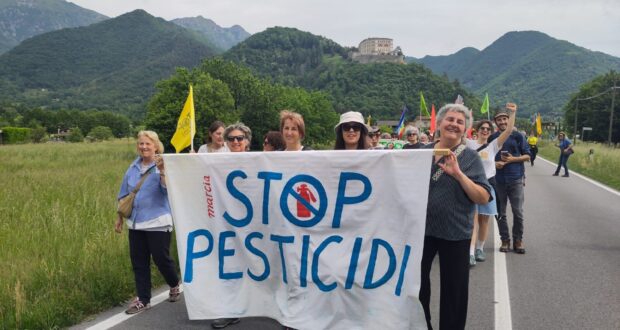 Striscione Marcia Stop Pesticidi con Castelbrando e il borgo di Cison di Valmarino sullo sfondo, decima edizione del 10 maggio 2026
