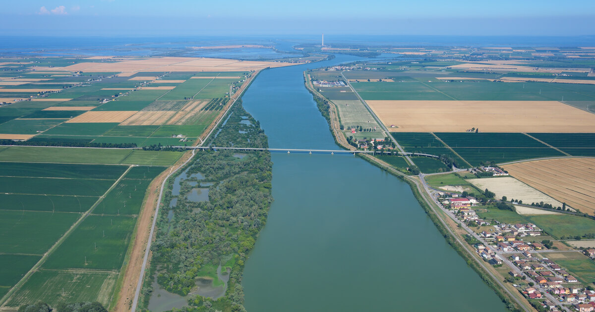 Veduta aerea del Po di Venezia che scorre fra i campi coltivati del Delta verso il mare