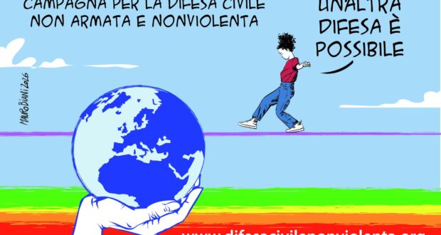 Vignetta di Mauro Biani per la Campagna per la Difesa Civile Non Armata e Nonviolenta: il claim Un altra difesa è possibile