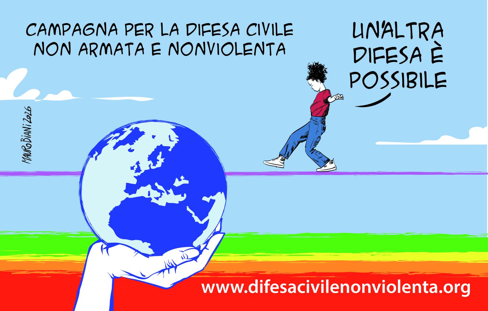 Vignetta di Mauro Biani per la Campagna per la Difesa Civile Non Armata e Nonviolenta: il claim Un altra difesa è possibile