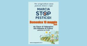 Volantino della Marcia Stop Pesticidi 2026: 10 maggio da Cison di Valmarino all'Abbazia di Follina