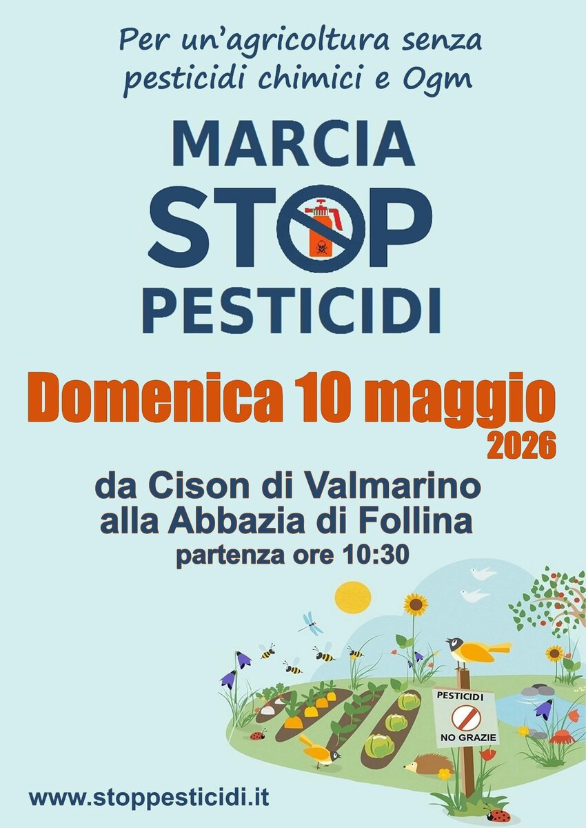 Volantino della Marcia Stop Pesticidi 2026 con data, percorso e logo della campagna